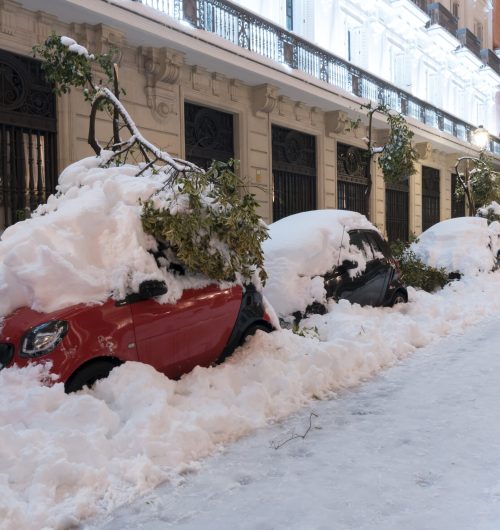 City after a great snowfall, Madrid, Filomena storm.